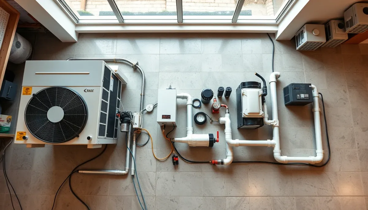 Composants d'une pompe à chaleur air/eau : unité extérieure, module hydraulique et raccordements