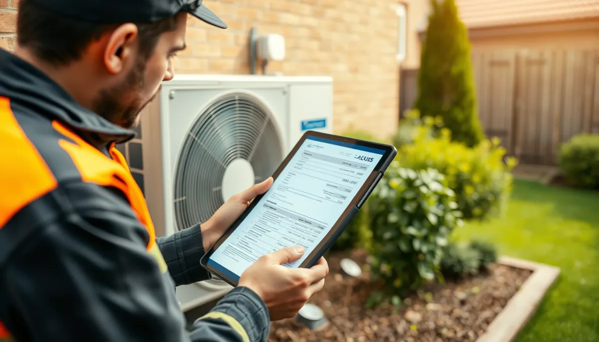 Installateur RGE vérifiant un devis de pompe à chaleur air/eau sur tablette