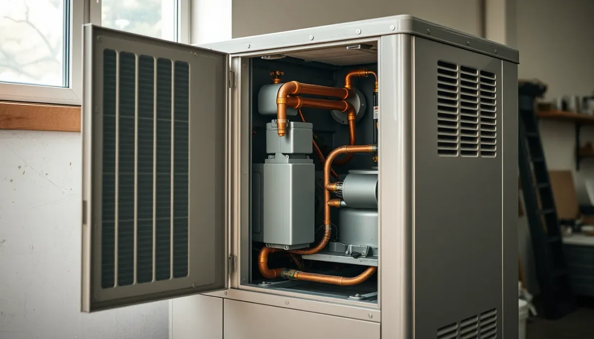 Vue de détail de l'intérieur d'une pompe à chaleur Daikin Altherma avec compresseur et tuyauterie cuivre