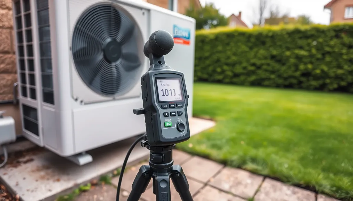 Sonomètre mesurant le niveau sonore d'une pompe à chaleur à cinq mètres de distance dans un jardin
