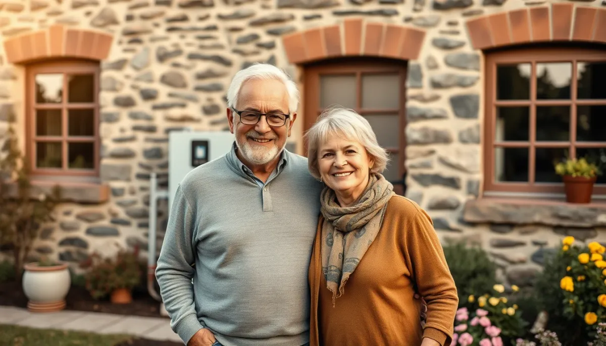 Couple souriant devant sa maison rénovée avec une pompe à chaleur Daikin Altherma en arrière-plan