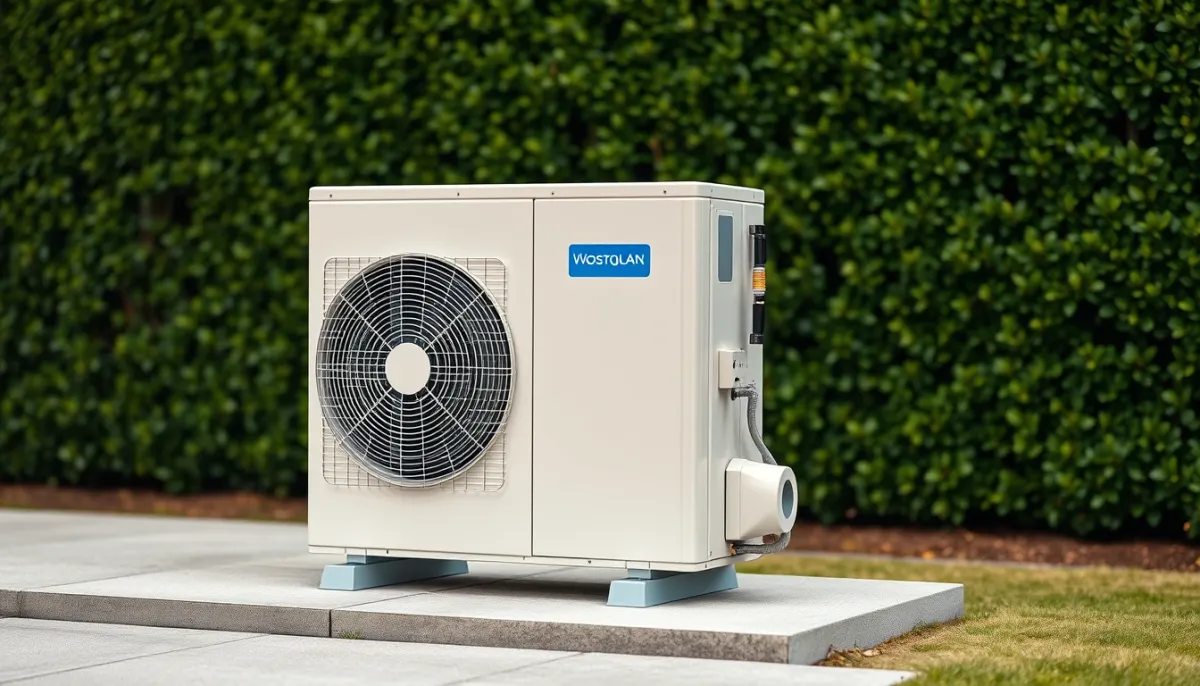 Unité extérieure monobloc d'une pompe à chaleur Mitsubishi Ecodan posée sur plots antivibratiles