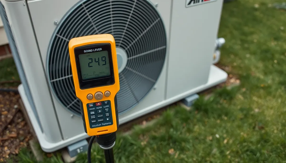 Sonomètre mesurant le niveau sonore d'une pompe à chaleur Mitsubishi Ecodan à un mètre de distance