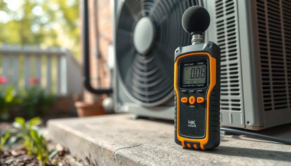 Sonomètre mesurant le niveau sonore d'une pompe à chaleur air/eau extérieure
