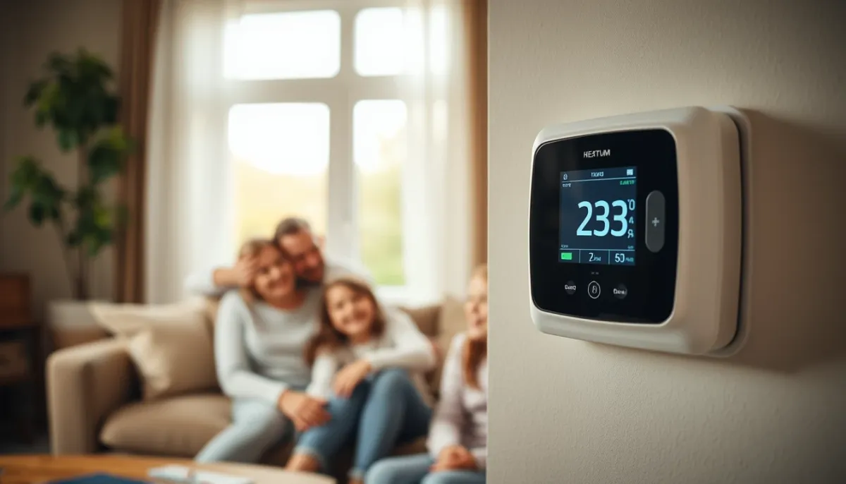 Famille dans un salon confortable avec un thermostat de pompe à chaleur au mur