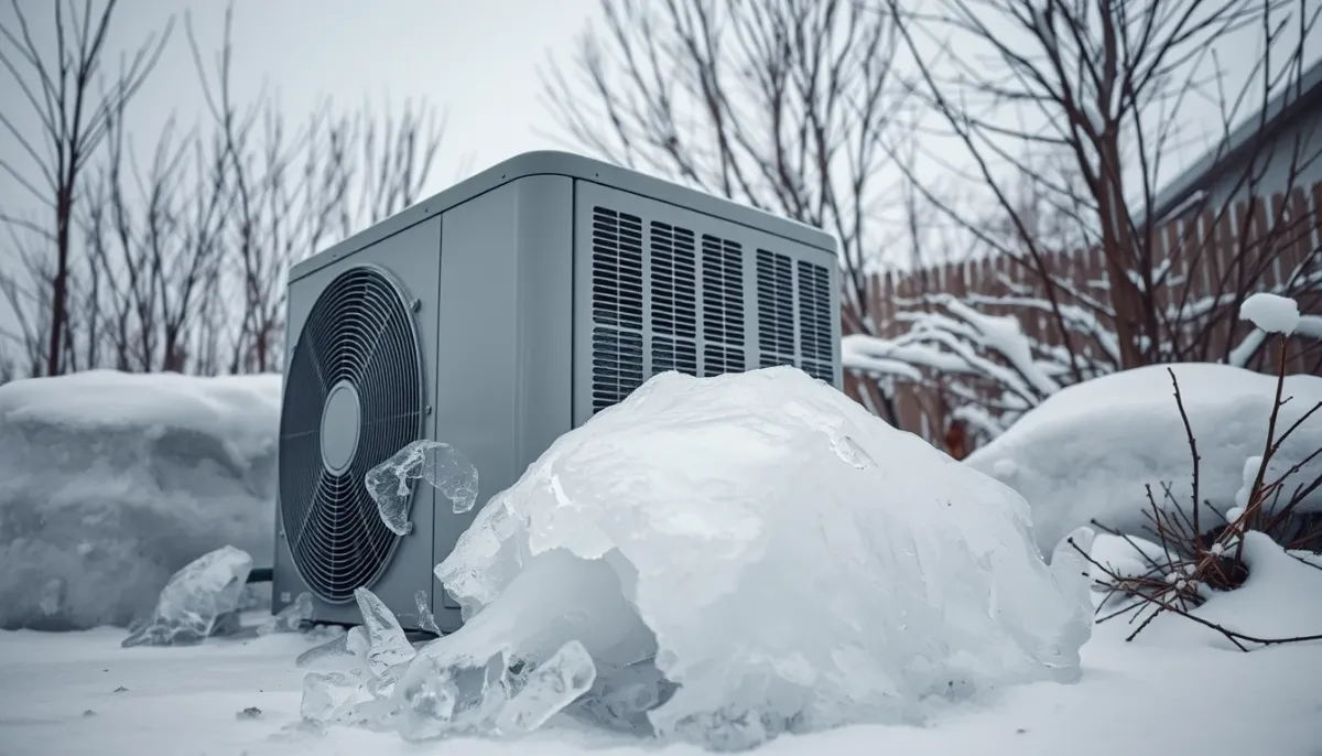 Unité extérieure de pompe à chaleur prise dans un bloc de glace épais, illustrant un givrage anormal