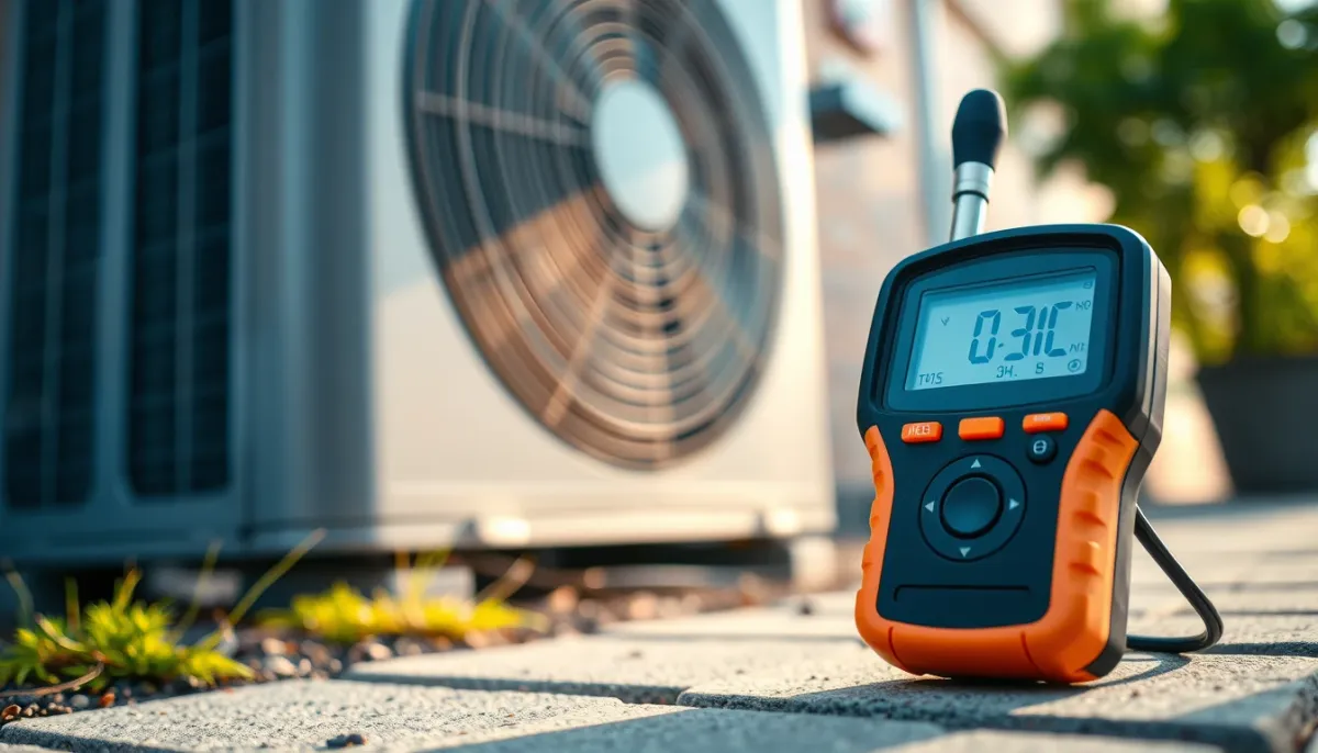 Sonomètre mesurant le niveau sonore d'une pompe à chaleur en extérieur