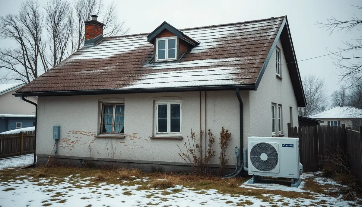 Maison mal isolée avec une pompe à chaleur, illustrant les cas où la PAC n'est pas adaptée