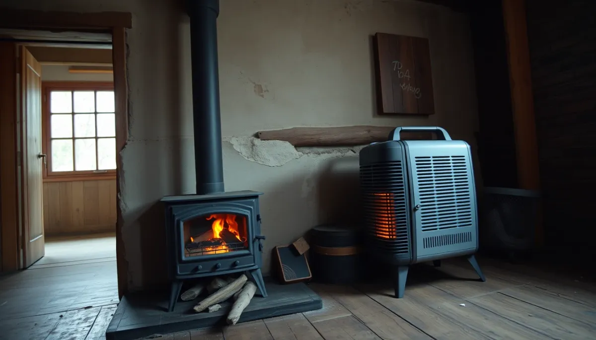 Poêle à bois et radiateur électrique dans une maison ancienne, alternative à la climatisation réversible