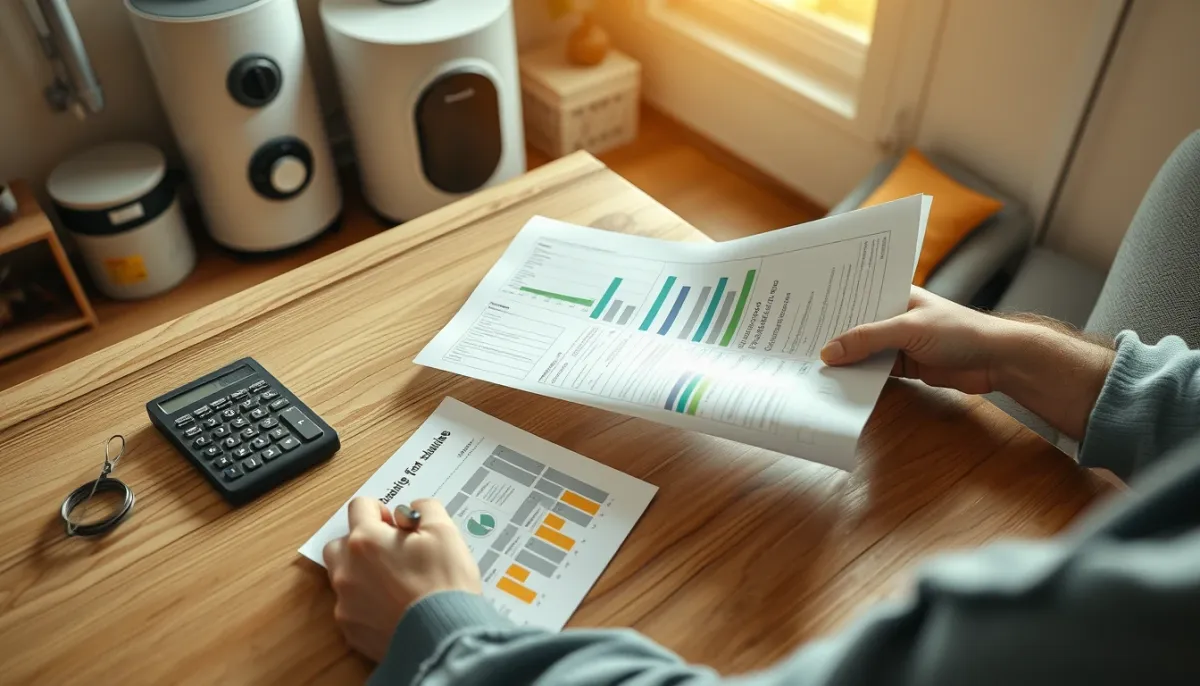 Propriétaire calculant les économies d'énergie après l'installation d'une chaudière à granulés