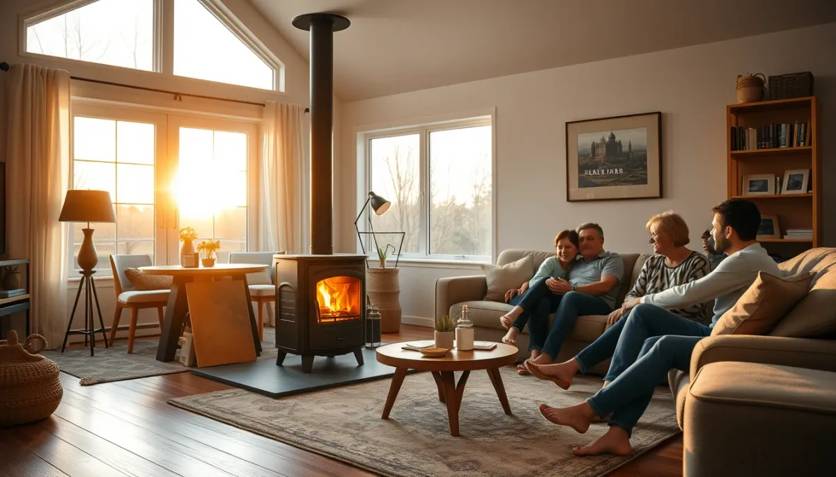 Salon confortable avec une chaudière à granulés et une famille se détendant