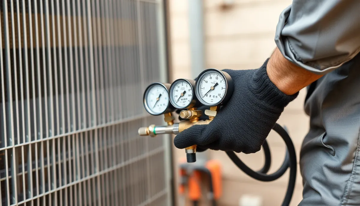 Technicien frigoriste utilisant un manifold pour diagnostiquer une fuite de fluide frigorigène