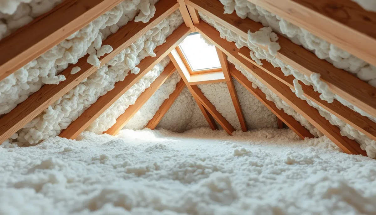 Combles d'une maison avec une isolation épaisse en cellulose entre les solives