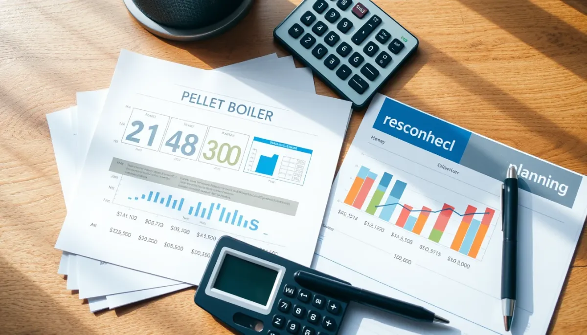 Documents et calculatrice sur un bureau pour estimer le reste à charge d'une chaudière à granulés